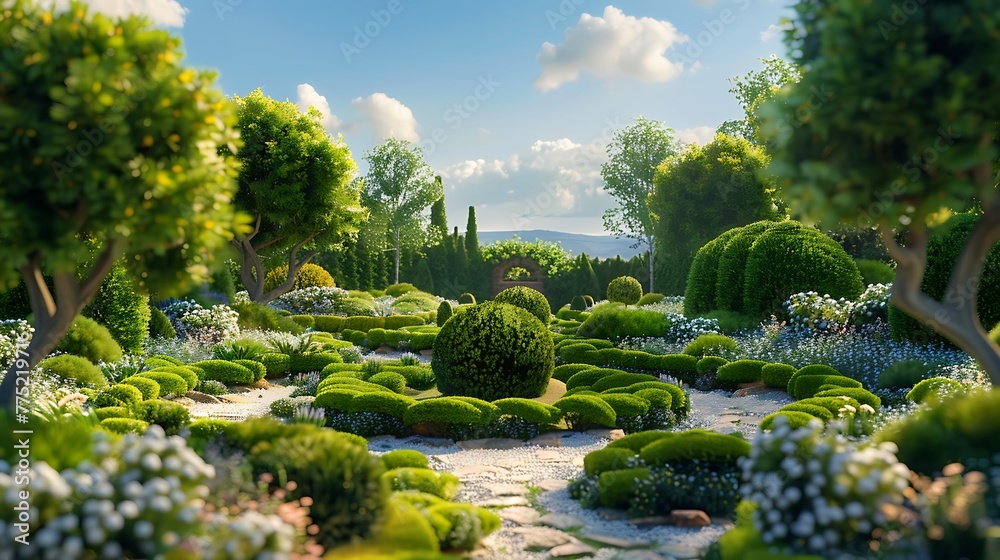A whimsical topiary garden where sculpted shrubs take on fantastical shapes and forms