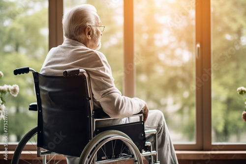 AI generated picture AI of old man sitting in a wheelchair looking outdoors on a sunny day