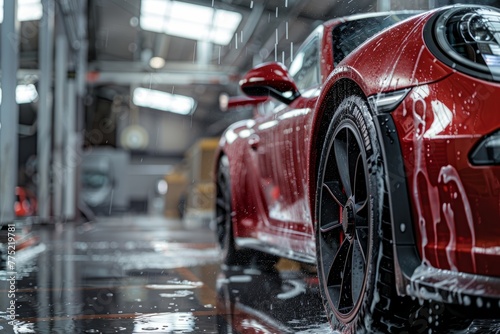 Luxurious Red Car Undergoing Premium Wash © Ilia Nesolenyi