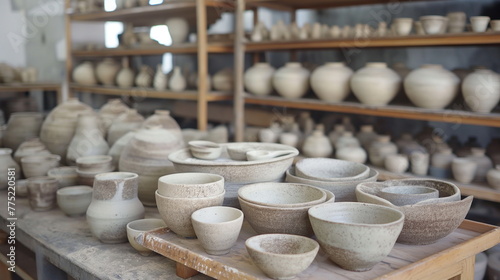 Variety of handcrafted clay pots and vessels showcased on rustic wooden shelving, artisanal craftsmanship