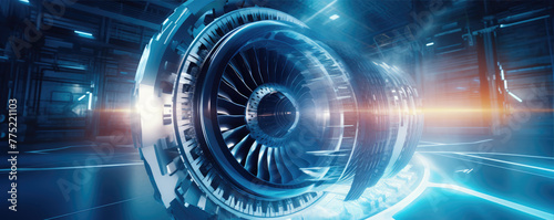 Aircraft engine dismantled in a hangar blue color