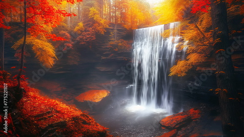 Captivating Autumn Beauty  Majestic Waterfall Cascading Through Vibrant Fall Foliage in the Forest
