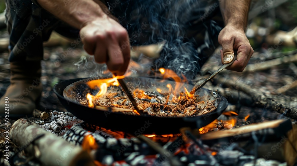 Fototapeta premium Campfire cooking techniques, mastery of flame, culinary adventure