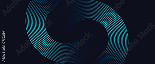 Modern dark blue abstract horizontal banner background with glowing geometric lines. Shiny blue diagonal rounded lines pattern. Futuristic concept photo
