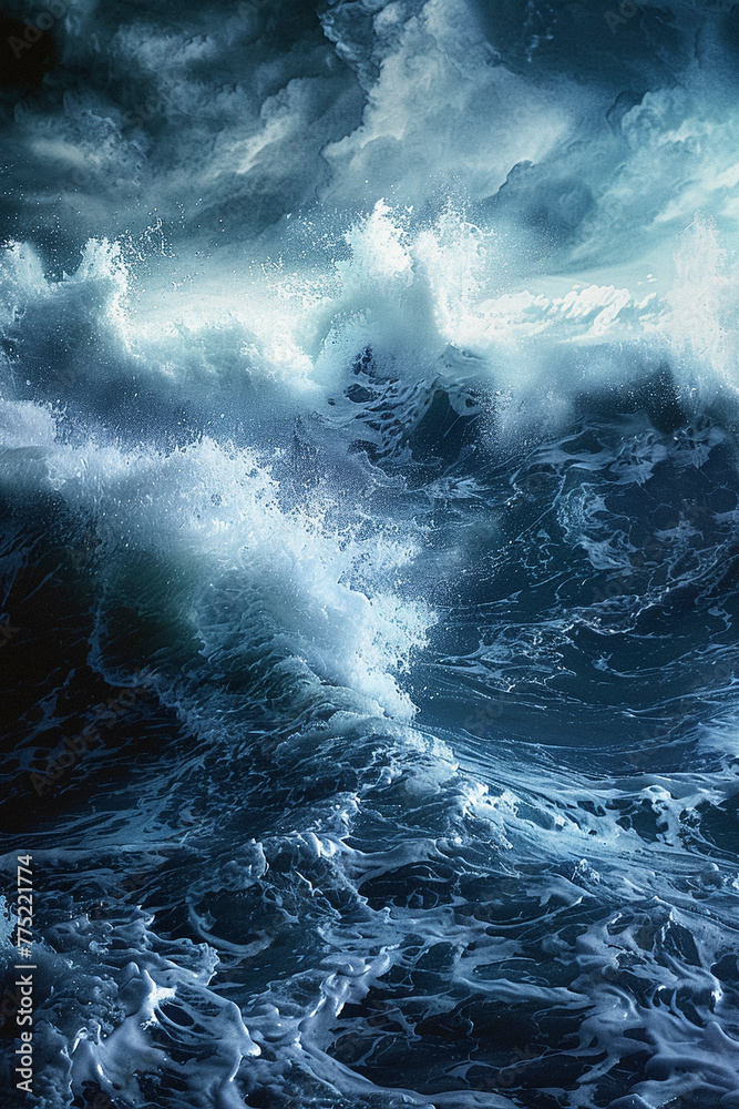 Dynamic Ocean Scene, Close-Up of Crashing Waves in Deep Blue