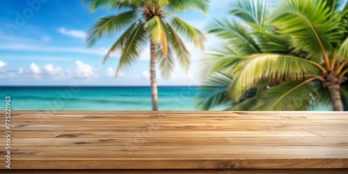 Wooden table top on blur tropical beach background - can be used for display or montage your products. AI generated