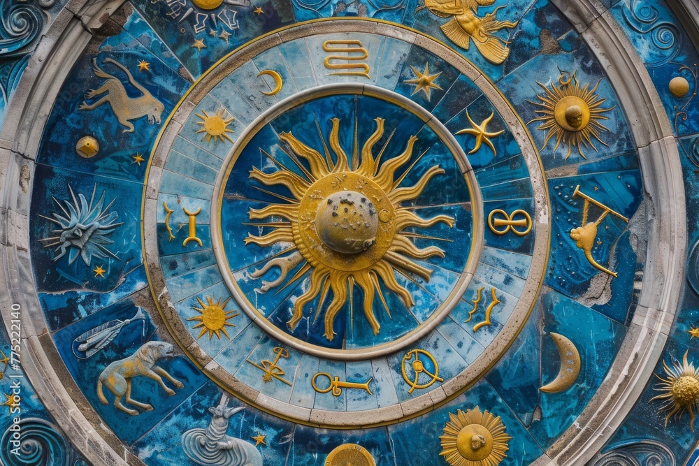 Astronomical Zodiac Art with Golden Accents on Blue Canvas