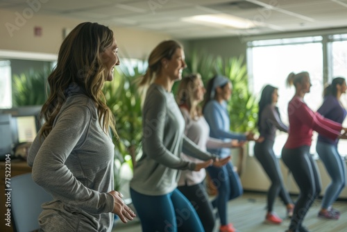Active Office Break, Employees Enjoying Group Wellness Exercise