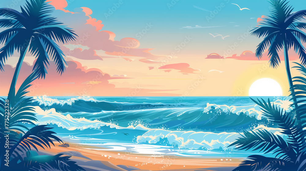 Tropical Paradise, Hawaiian Style Landscape Illustration in Pastel Tones