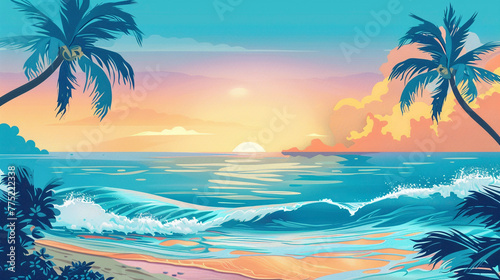 Hawaiian Dream, Pastel Landscape with Ocean Waves and Sunset