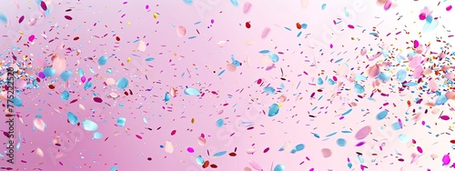 Pastel colorful confetti, falling and levitation, light pink background