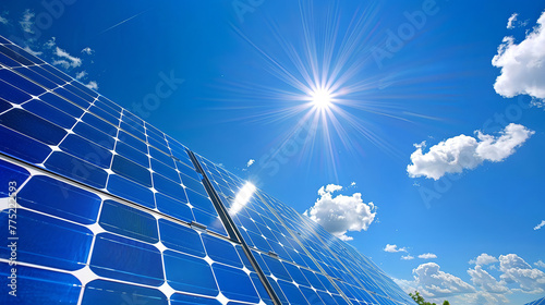 Renewable Energy: Solar Panels Glistening under Sunlight Rays, Eco-Friendly Power Generation Concept