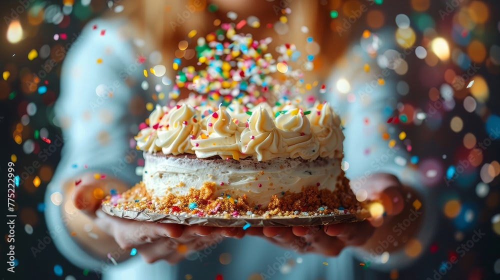 A person holds a creamy layered birthday cake adorned with colorful sprinkles and a bokeh light background. A person holds a creamy layered birthday cake adorned with colorful sprinkles and a bokeh light background.