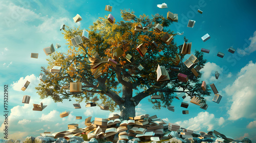  A tree that has books coming out of its branches and on the ground. International Literacy Day concept.