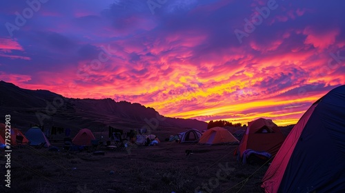 Campsite at sunset, skies ablaze, days end beauty