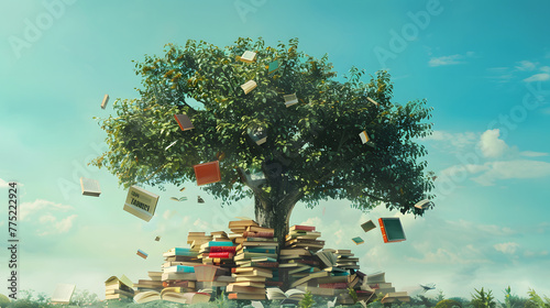 A tree that has books coming out of its branches and on the ground. International Literacy Day concept.