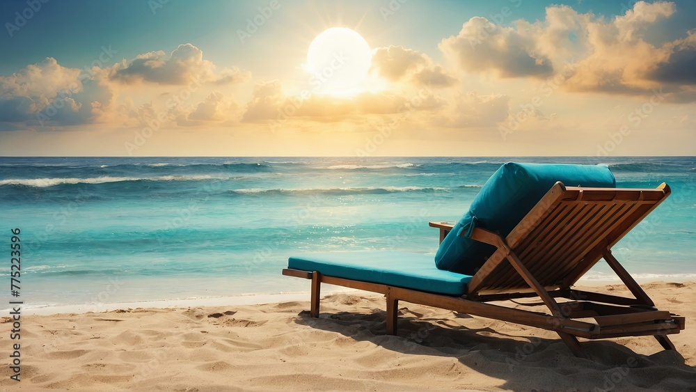 A beach with a sun lounger. Around the sun lounger is sand