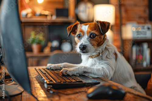 A dog is sitting on a desk in front of a computer keyboard and mouse. The dog appears to be looking at the camera, possibly curious about what is happening on the computer screen photo