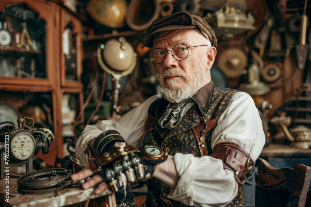 Portrait of a senior man in an old-fashioned costume sitting in his workshop.
