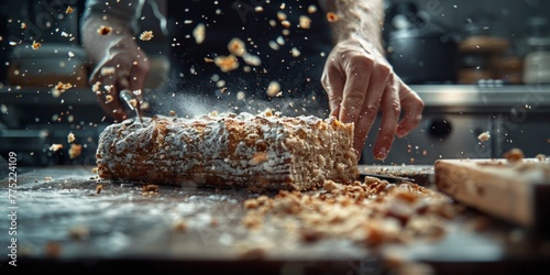 A person carefully kneading dough, shaping a loaf of bread before baking it in an oven. photo