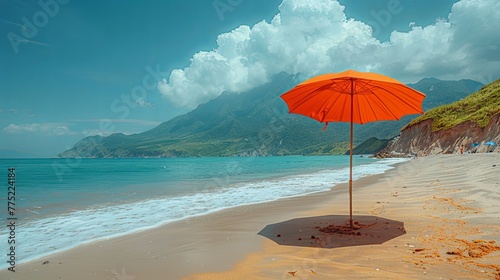 A beach with an umbrella. Around the umbrella is sand, sea photo