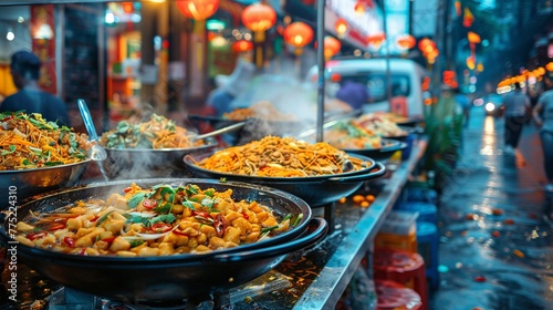 Scene of vibrant street food stalls in China Town in Thailand  bustling with activity  offering a variety of colorful and aromatic dishes to passersby.