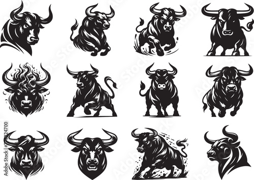 Angry bull Silhouette Vector Illustration set
