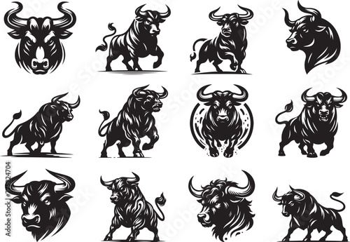 Angry bull Silhouette Vector Illustration set