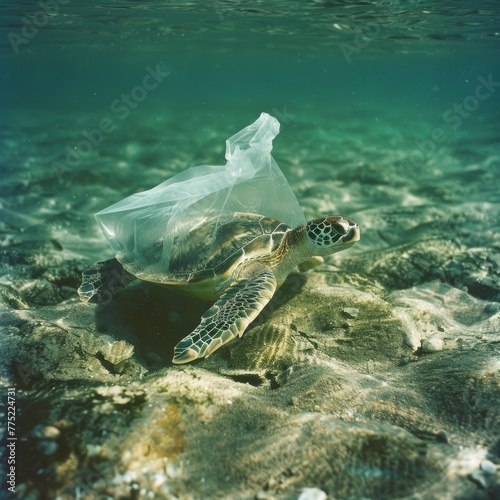 Sea turtle entangled in a plastic bag under the ocean's surface highlighting environmental issues