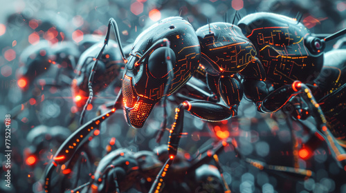 A group of robotic insects are shown in a close up. The insects are all black and have glowing red eyes. The insects are arranged in a way that they appear to be attacking or invading a space