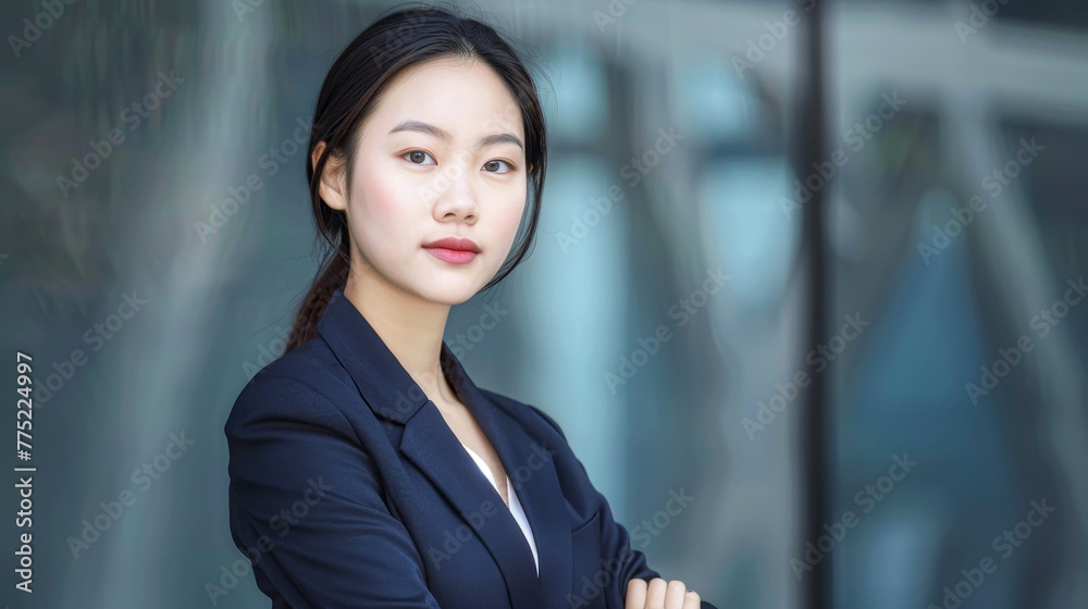 Naklejka premium A woman in a business suit is standing in front of a window. She is wearing a black jacket and a white shirt