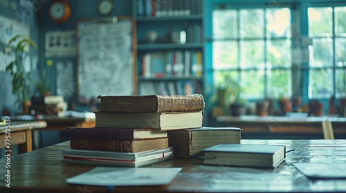 Scene of an educational setting with school books arranged on a desk and a whiteboard with writing, reflecting the essence of academic learning and teaching.