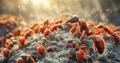 A group of red ants are crawling on a surface. Concept of chaos and disorder as the ants are scattered all over the ground photo