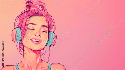 beautiful smiley girl with headphone, pink hair isolated on pink colour background