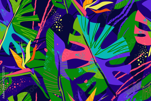 Abstract art seamless pattern with tropical leaves and flowers. Bright and colorful strelitzia flowers, monstera leaves and abstract elements on dark background. Modern exotic jungle plants.