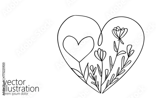 Heart with flowers single continuous line art. Romantic love date relationship couple silhouette concept design one sketch outline drawing white vector illustration photo