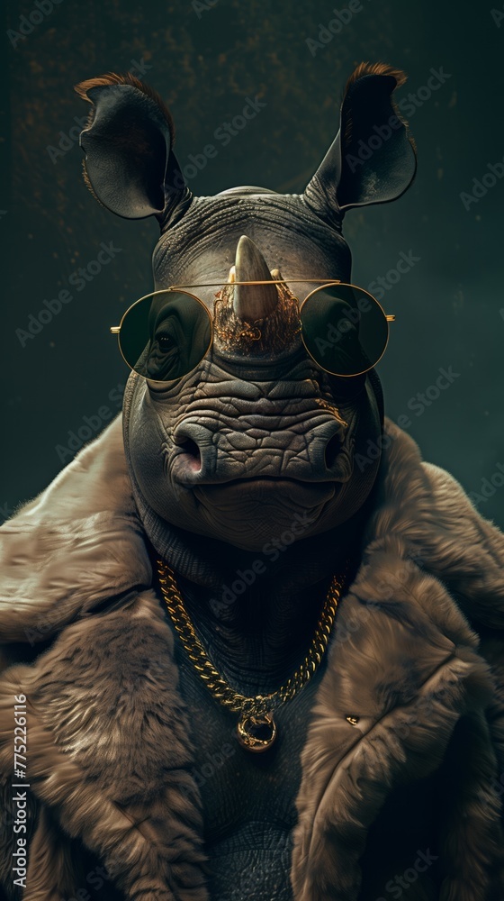 Studio portrait of an anthropomorphic rhino, wearing sunglasses, gold chain and trendy jacket.