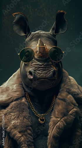 Studio portrait of an anthropomorphic rhino, wearing sunglasses, gold chain and trendy jacket.