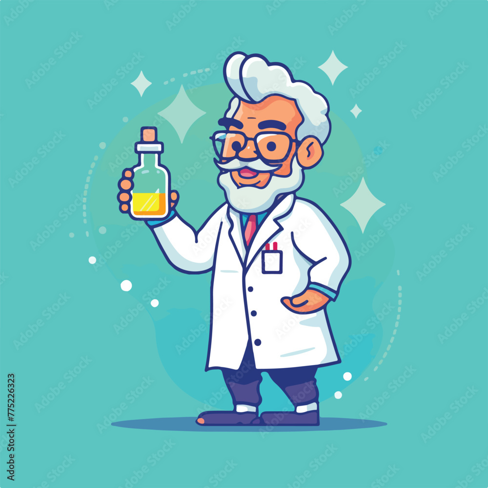Professor mascot holding chemical liquid bottle Professor mascot holding chemical liquid bottle