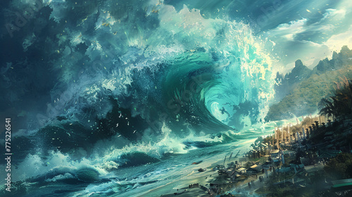 Stormy Seas, Tsunami Hits thw sunny shore Illustration photo