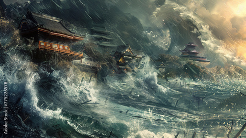 Stormy Seas, Tsunami Hits Chinese Style Village Illustration