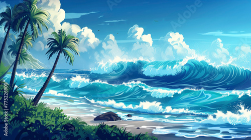 Sunny Coastline, Serene Seashore with Ocean Waves and White Clouds Illustration