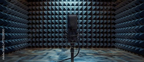 Retro microphone in a sound recording studio with acoustic foam walls for noise reduction and optimal sound quality. Concept Sound Recording Studio, Retro Microphone, Acoustic Foam Walls photo
