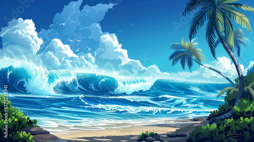 Coastal Escape, Sandy Beach in Sunshine with Palm Trees and Ocean Waves Illustration