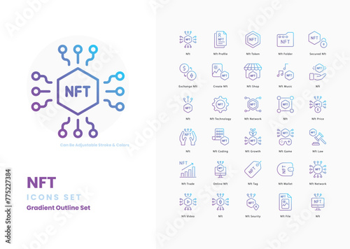 NFT icons set, Digital Art, Cryptocurrency, Blockchain, Tokenization, Unique, Ownership, Collectible,  vector illustration.