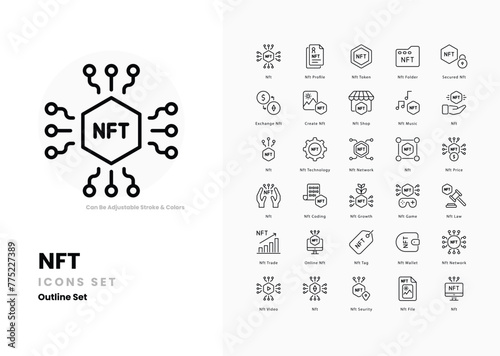 NFT icons set, Digital Art, Cryptocurrency, Blockchain, Tokenization, Unique, Ownership, Collectible,  vector illustration.