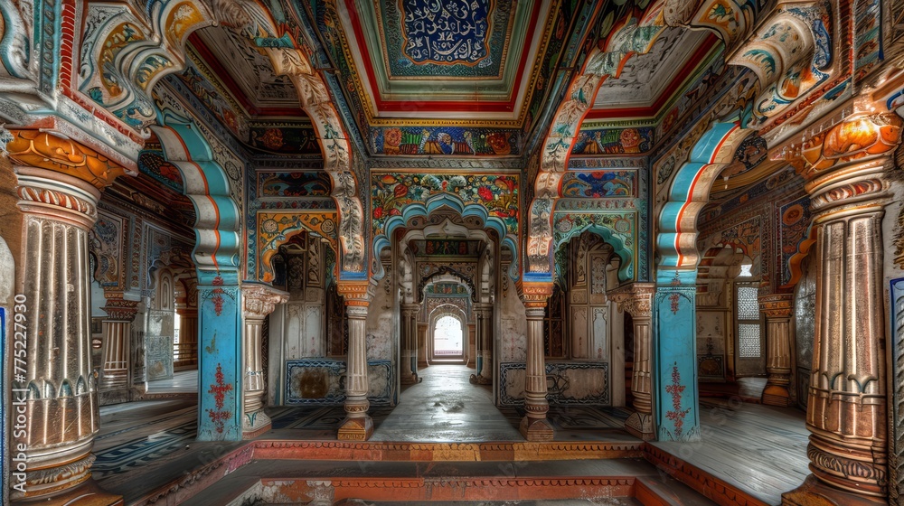 Vibrant indian haveli  rich frescoes, elaborate carvings, enhanced lighting in hdr photography