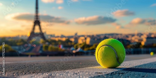 A focused shot a tennis ball against the backdrop of Paris and the Eiffel Tower, an iconic serve