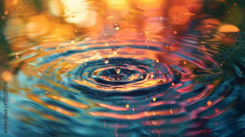 Close-up of water droplets on a colorful ripple surface