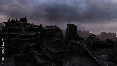 3d rendering-Destroyed city after earthquake or war, aerial 
Cinematic view of Apocalyptic destroyed city, 4K,2024

